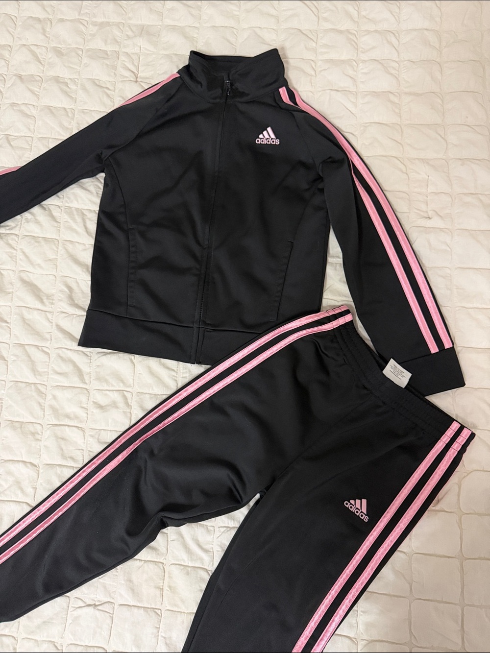 Girls Adidas Black Track Jacket and Pants with Pink Stripes size 6 brand new